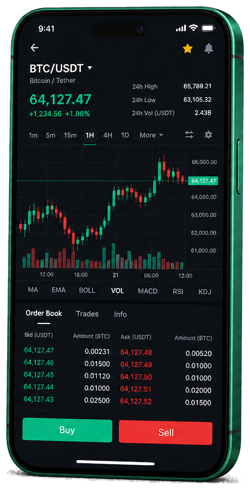 Interface mobile de trading Goldvuxre — prix BTC/USDT en temps réel, carnet d’ordres et outils de passage d’ordres